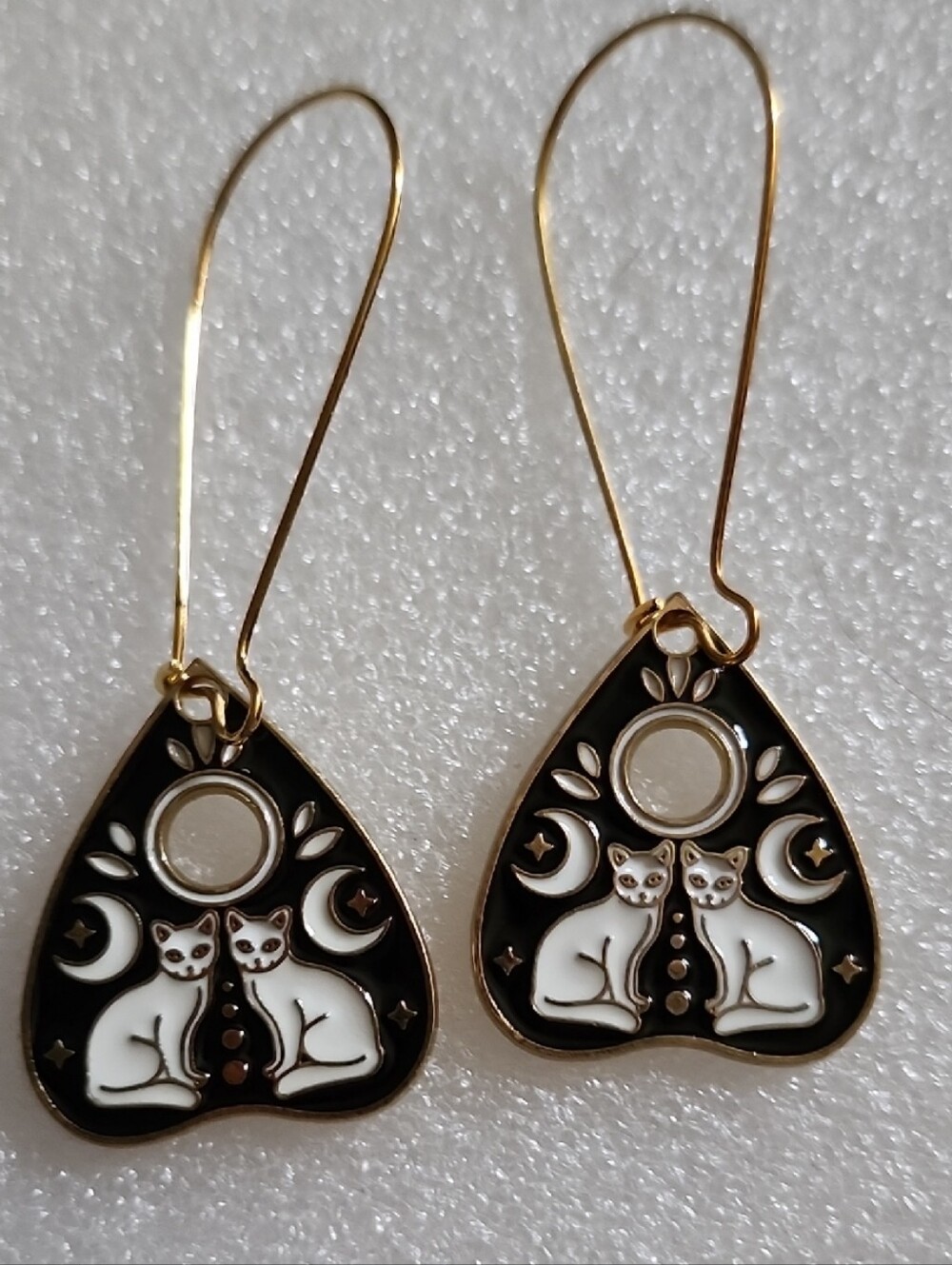 Hand Crafted Black and White Cat Moon Teardrop Earrings with Gold Trim